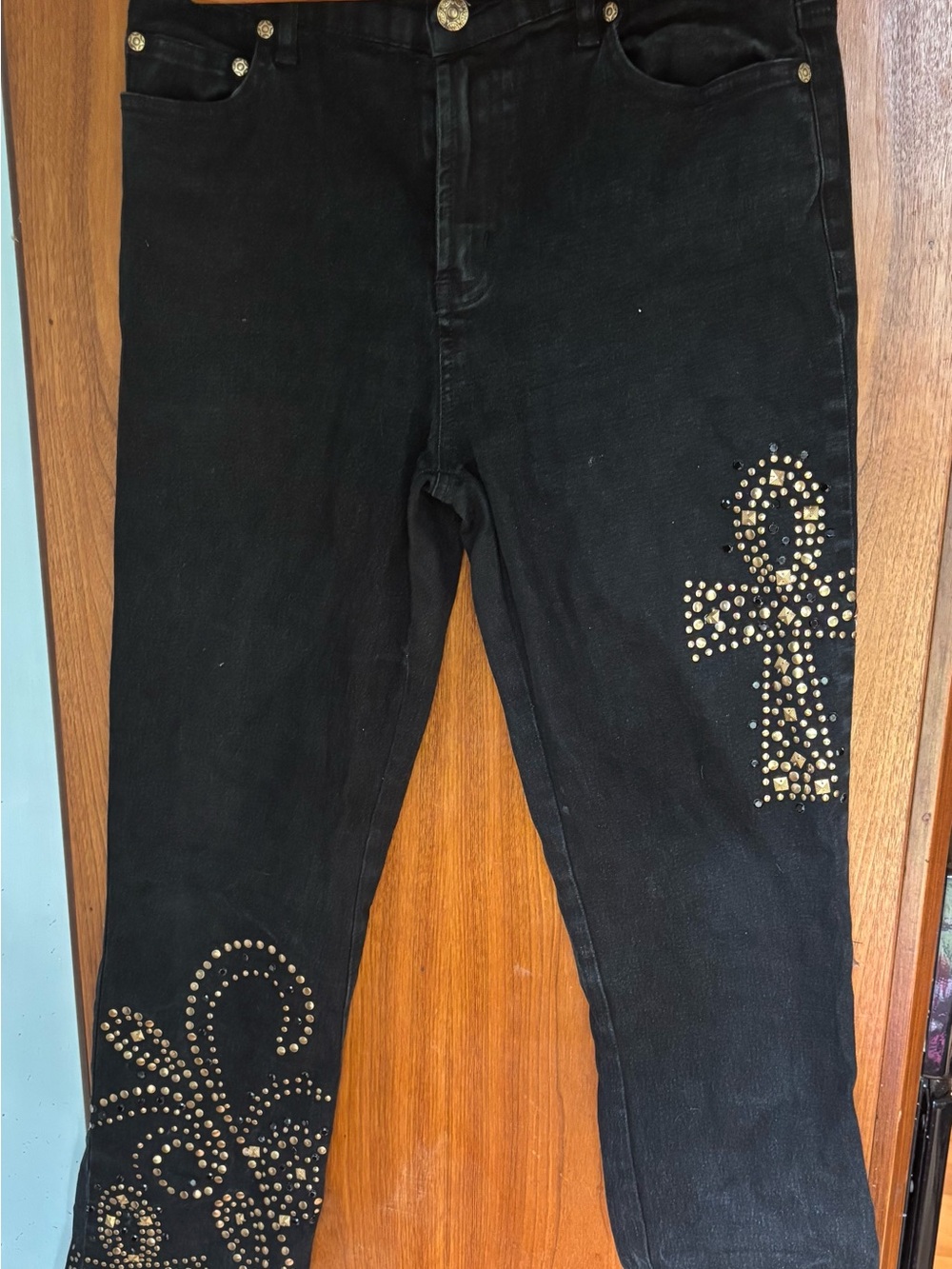 Diane Gilman Black Skinny Jeans with Gold Stud Accents